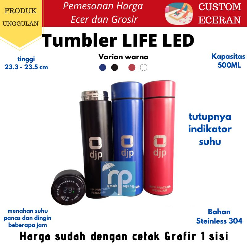 TUMBLER CUSTOM ECERAN GROSIR Tumbler Sakura Life Tutup LED 500ml + grafir cetak Nama Logo Laser Grafir Souvenir Promosi