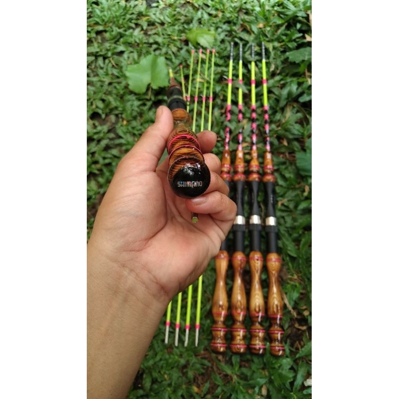 joran fiber udang/ikan 120 cm dengan kayu jati belanda salai/non salai. gagang jati belanda salai / 