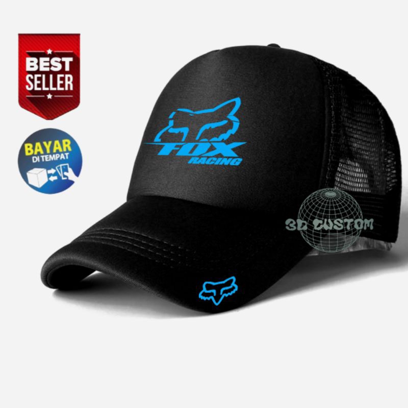 Topi Race Trucker Jaring Logo Fox Racing Keren Murah Text Sky Blue Premium Quality Pria Wanita Dewas
