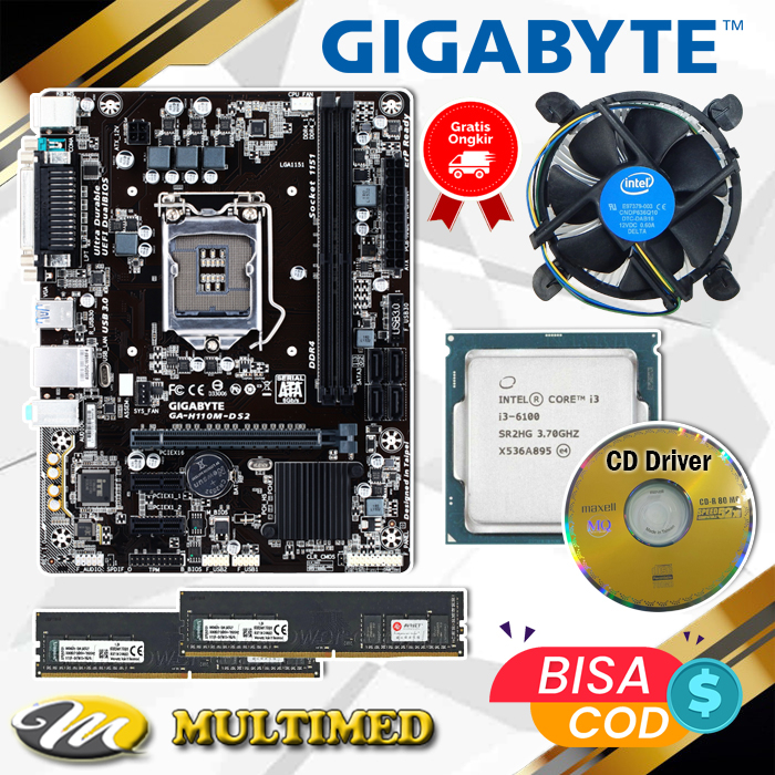 Paket Motherboard H110 LGA 1151 DDR4 New + Core I3 6100 + Fan + RAM