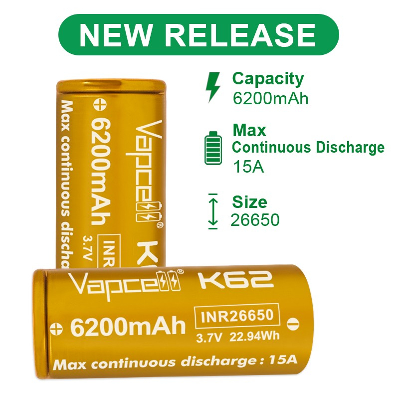 Baterai 26650 Vapcell K62 - 6200 mAh 15A | 100% Original