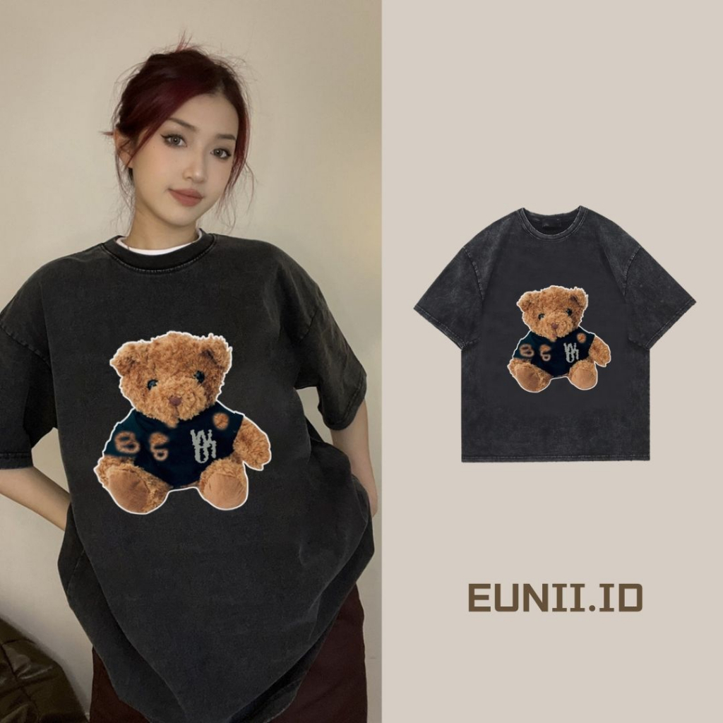 EUNII T-shirt Lengan Pendek Black Washed Retro Cartoon Plush Bear Printing Korean Style/Kaos Atasan Wanita/Baju Wanita/Kaos Wanita