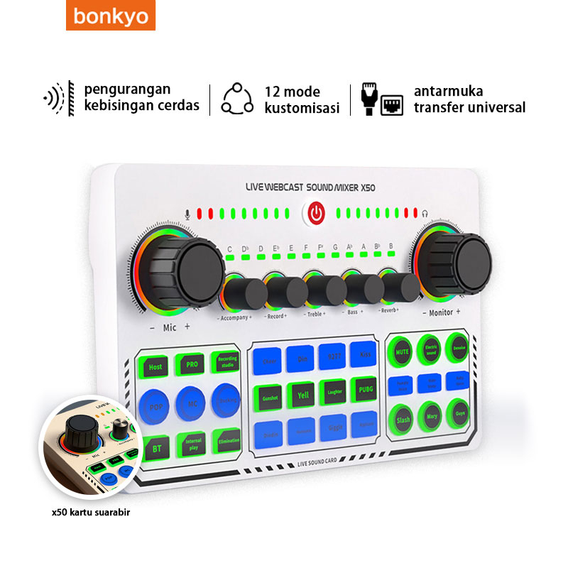 bonkyo X50 SoundCard  6 Modes RGB LED Wireless Bluetooth-compatible External DJ Mixer Noise Reduction for Live Streaming Broadcasting