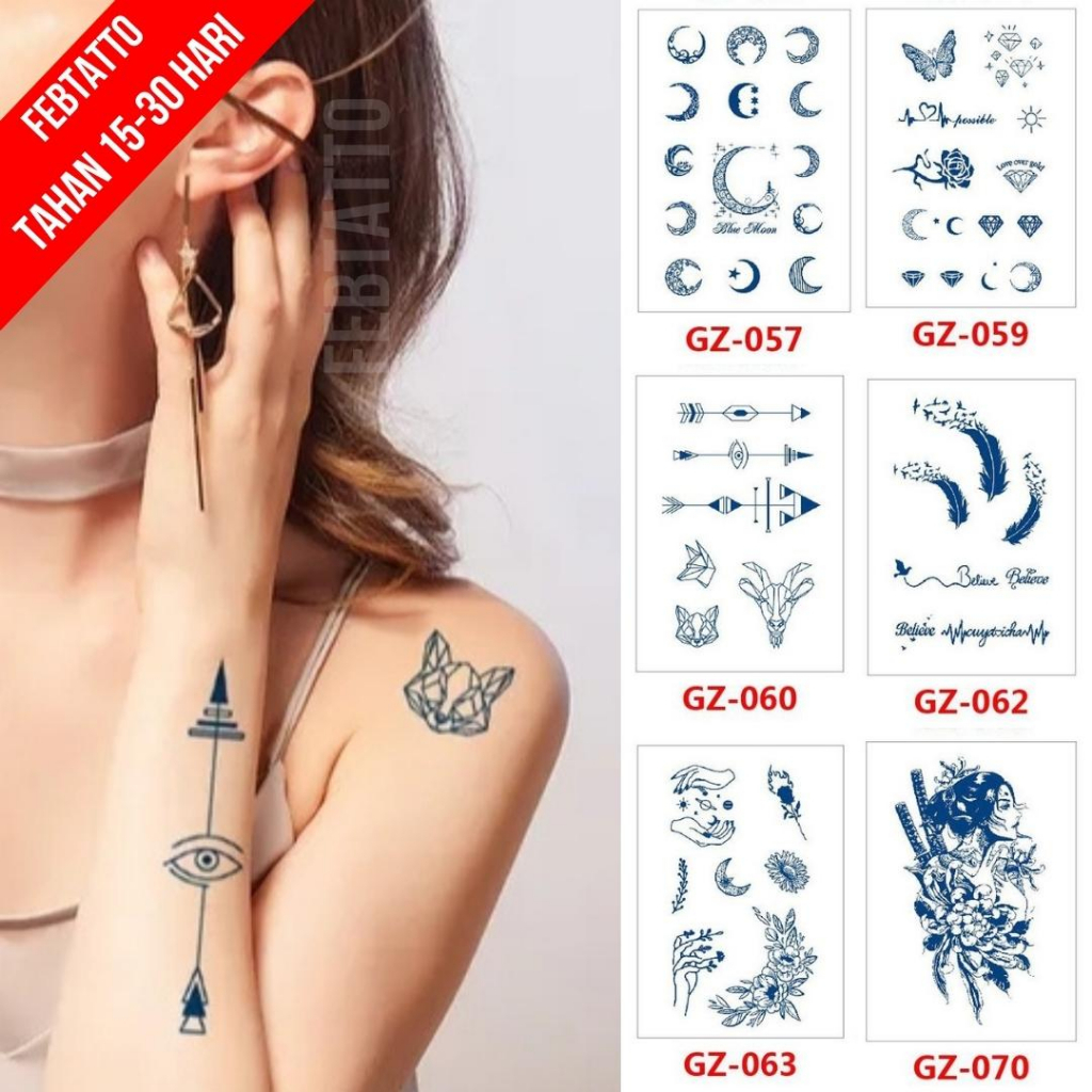 Tato Semi Pemanent Tahan 1 Bulan Ukuran 11cmx18cm Tato Lengan Tato Dada Tato tangan Tato Kaki Tato Punggung Tato Jari  Motif Aesthetic Tatto Temporary Stiker Tato Halal Grosir Tato air motif bulan, diamond, panah, bulu, tulisan, bunga, ghesia GZ 060