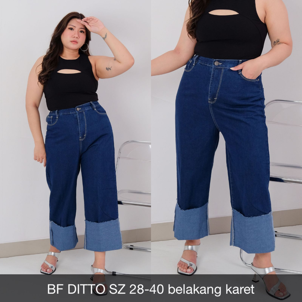 CELANA JEANS WANITA UKURAN NORMAL &amp; JUMBO BF DITTO JEANS PINGGANG BELAKANG KARET ANTI BEGAH