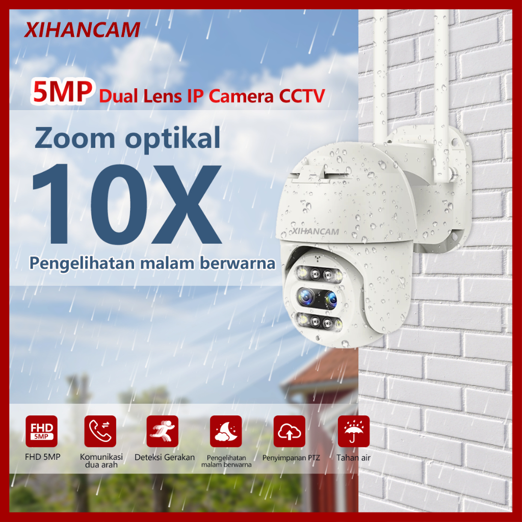 XIHANCAM 5MP Dual Lens Cctv Outdoor 10x Zoom Lampu Kamera Cctv Wifi Outdoor Waterproof 360 Derajat PTZ Alarm Smart Ip Camera Cctv Murah Online Wireless Wifi Tahan Air Kamera Pengintai Infrared Cctv Jarak Jauh Lewat HP Android Carecam NVR/DVR COD