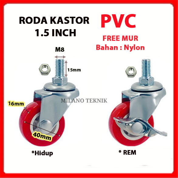 Roda PVC 1.5 inch Screw+Mur (Hidup-Rem) CASTER Taiwan Troli Nylon/pcs