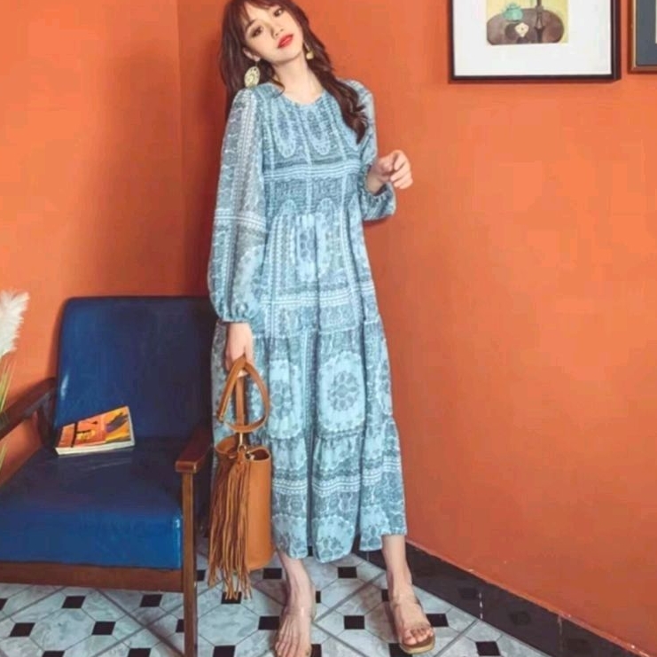 1230 Baju Maxidress longdress OREN BLUE Maxi dress lengan panjang dres Korea Korean style wanita premium import baju Maxi long dress gaun panjang pesta kondangan santai pantai cewek muslim fashion remaja abg dewasa perempuan Korea import biru orange impor