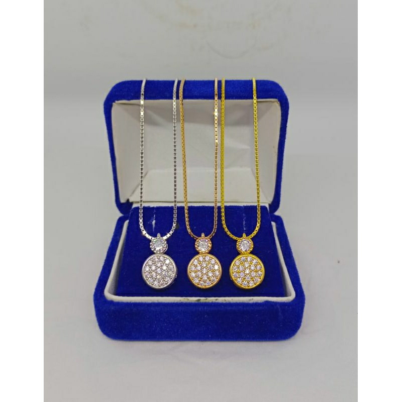 kalung rantai itali kaca+liontin tusuk bulat mata putih/perak asli silver 925 lapis emas/perhiasan fashion wanita terbaru