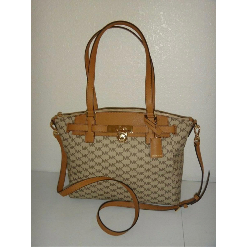 ORIGINAL MICHAEL KORS HAMILTON TRAVELER MK Signature LG Zip Satchel Bag Gold Padlock +key