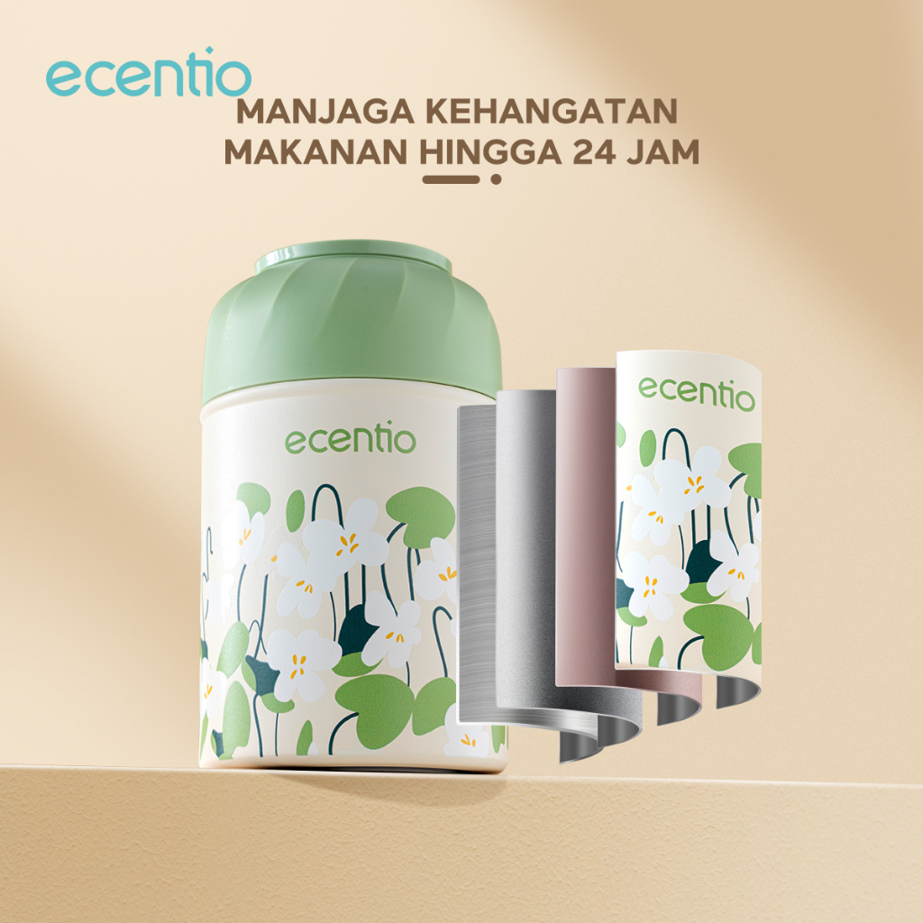 ecentio &amp; FOODI Termos Makanan food jar TAHAN 24hrs stainless 500ml termos air panas anti tumpah portable dan Sendok lipat berbahan stainless Green Wispers seri