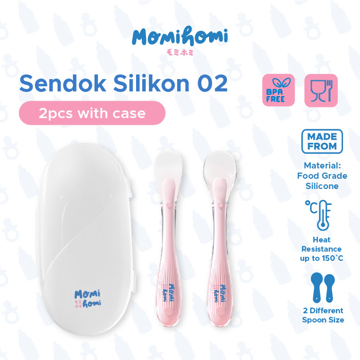 Momi Homi Sendok Makan Bayi 02  Silikon Isi 2 pcs plus CASE Sendok Mpasi Peralatan Makan Bayi Silicone BPA FREE Lentur Tahan Panas Peralatan Perlengkapan MPASI