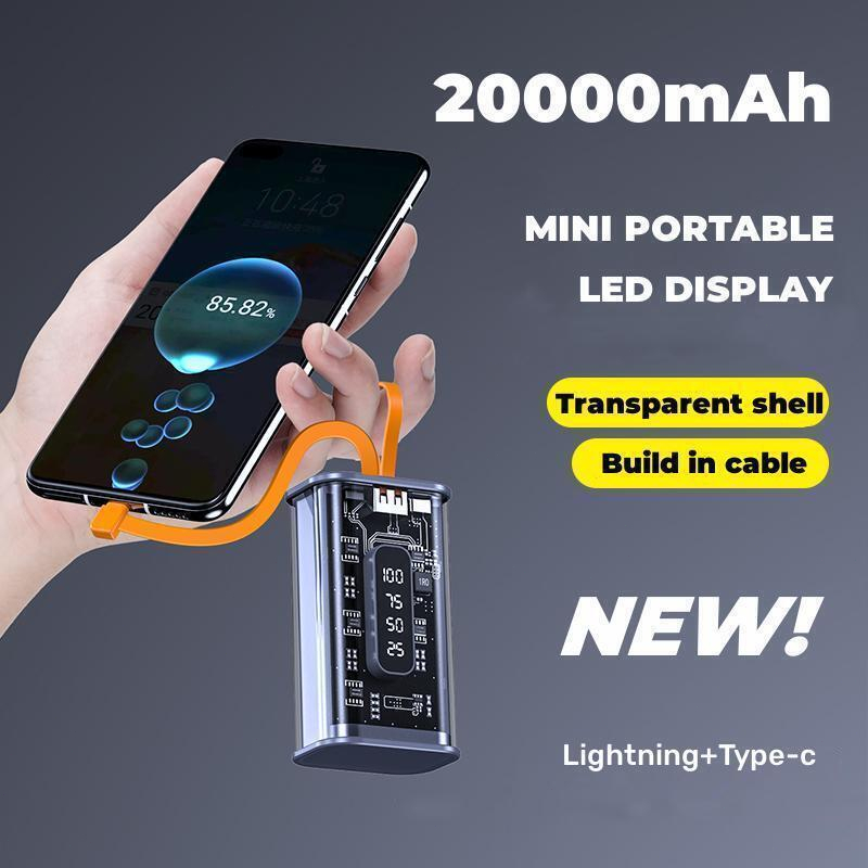 PowerBank 20000mAh Fast Charging with 2in1 Kabel Data Real Capacity Mini Portable Power bank 3 Output 2 Input Type C Lightning USB Pocket Size