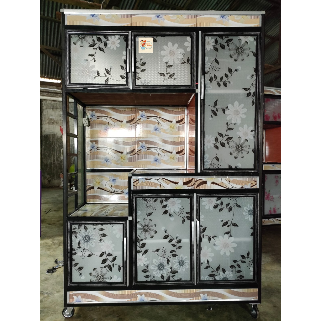 Rak Piring 3 Pintu Aluminium Calista Motif Bunga - Lemari Sayur Keramik Saklar Listrik Include Roda