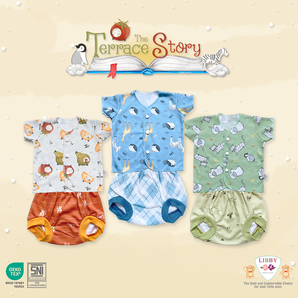 Libby Setelan Baju Pendek celana Pop Motif SUMMER 3-6 bulan  BEN VOYAGE/BABY COLELECTION/TREE HOUSE/ 3-6 bulan -Libby Enchanted Wild - Libby baju bayi Hello Sunshine /Libby The Enchanted Wild