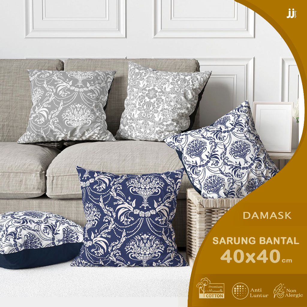 SARUNG BANTAL SOFA PRINT 40X40 CM MOTIF ABSTRAK DAMASK BIRU ABU BLUE GREY