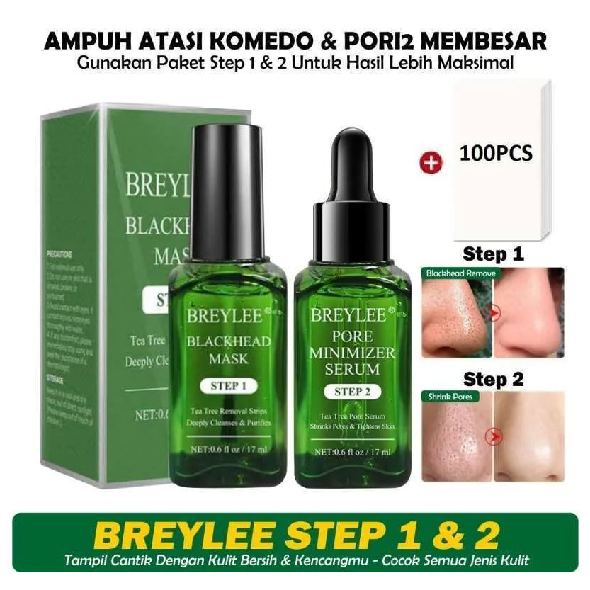 Breylee Blackhead Mask Step 1 Pengangkat Komedo &amp; Pore Minimizer Serum Step 2 Pengecil Pori Pori