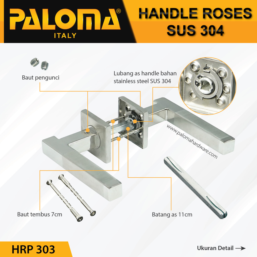 Handle pintu Roses PALOMA HRP 303 LHT LAZIO SQ STAINLESS STEEL SUS 304