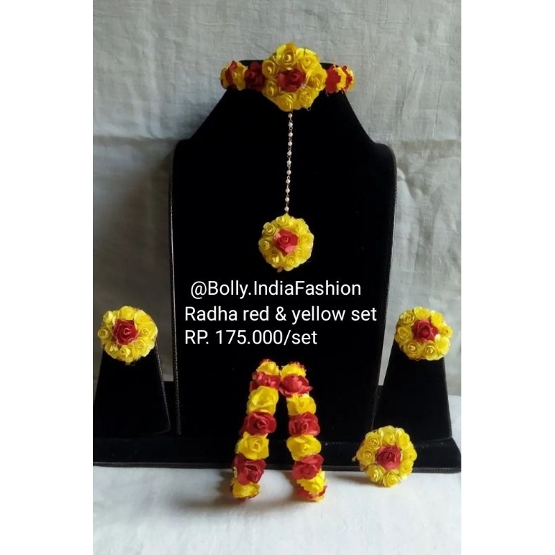 Radha Yellow & Red Set Jewellery Perhiasan radha bunga merah Kuning Flower India Jewellery set Haldi