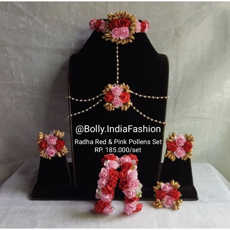 Radha Red & Pink Pollens Set Jewellery Perhiasan radha bunga pink Merah Putik Gula Flower India Jewe