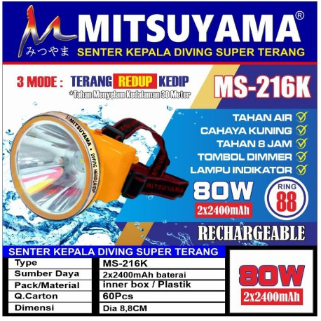 senter selam Senter Kepala 80 Watt Mitsuyama MS 216K Cahaya Kuning Senter Diving