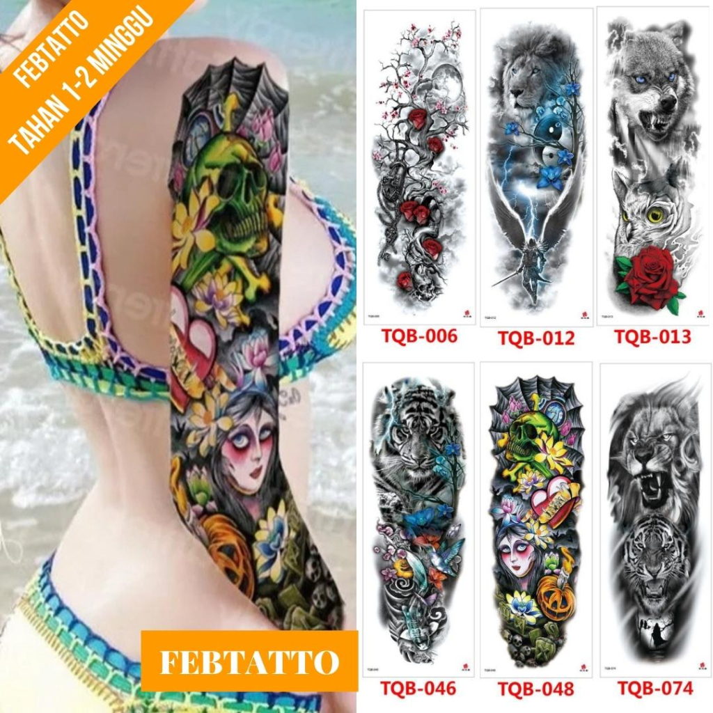 Tato Temporer Full Lengan Ukuran 17cm x 48cm Motif Tengkorak Bunga Wanita TQB 048 Tato Lengan Tato D