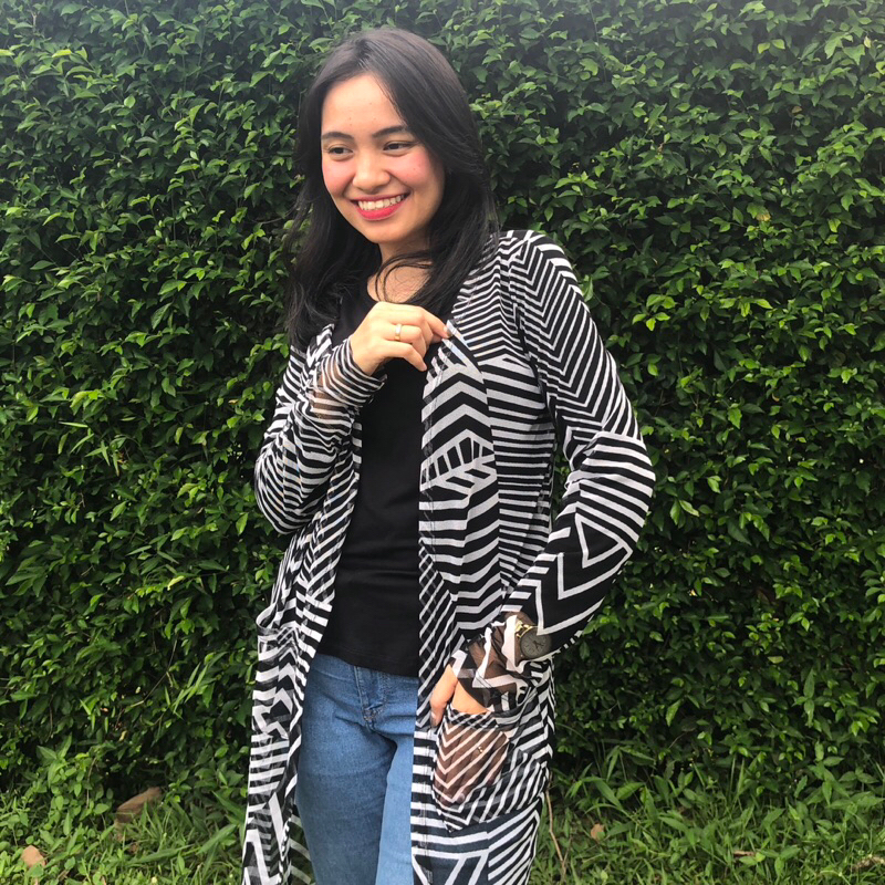 Cardi Zigzag Bw - Long Cardigan Motif - Outer Motif Garis