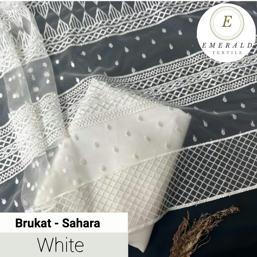 SETENGAH METER Kain Brukat Tile Prancis Premium Bahan Kebaya Motif Sahara - White