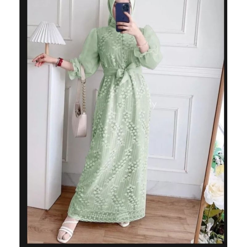 Dress Syakila Gamis syakila Sage mix organza