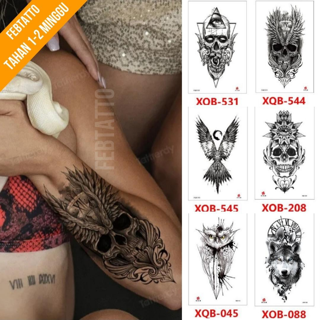 Tato Temporer Ukuran 21cmx11cm Tato Lengan Tato Dada Tato tangan Tato Kaki Tato Punggung Tato Jari  Motif Aesthetic Tatto Temporary Stiker Tato Halal Grosir Tato air motif tengkorak, sayap, burung hantu, serigala XQB 544