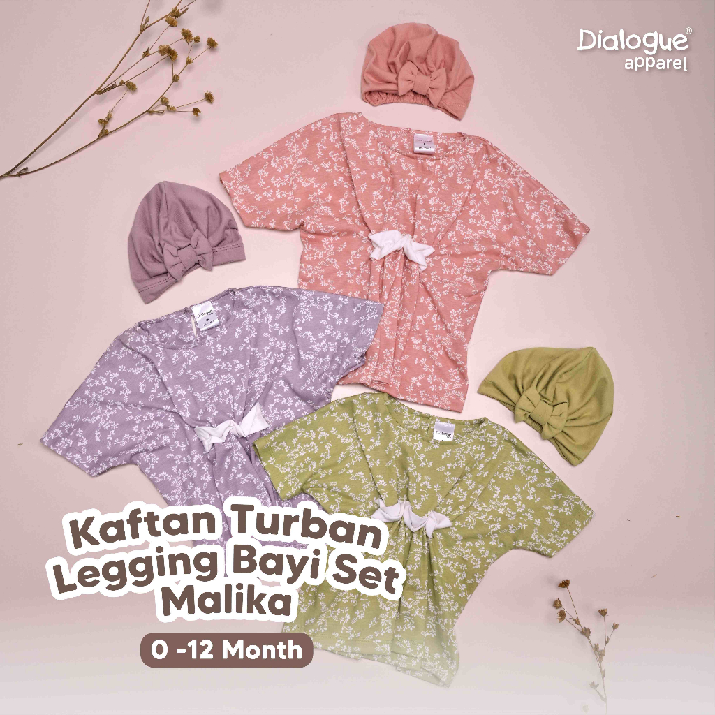 Baju Muslim Anak perempuan Kaftan Turban Legging Set Malika Dialogue Baby 0 6 12 Bulan