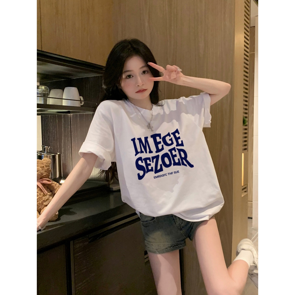 EUNII T-shirt Lengan Pendek Retro Biru English Korean Style/Kaos Atasan Wanita/Baju Kaus Oversize Wanita/Kaos Wanita