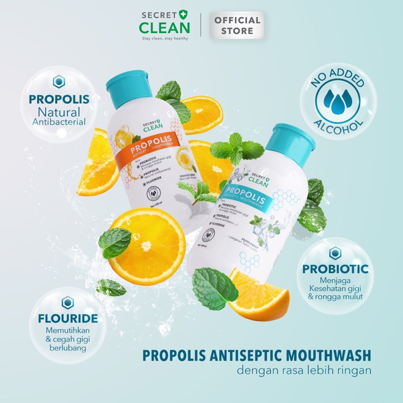 SECRET CLEAN - Propolis Antiseptic Mouthwash 150ml Fresh Mint Obat Kumur Prebiotic Fluoride Nafas Segat Pembersih Penghilang Kotoran Bau Pemutih Gigi Mulut Viral BPOM