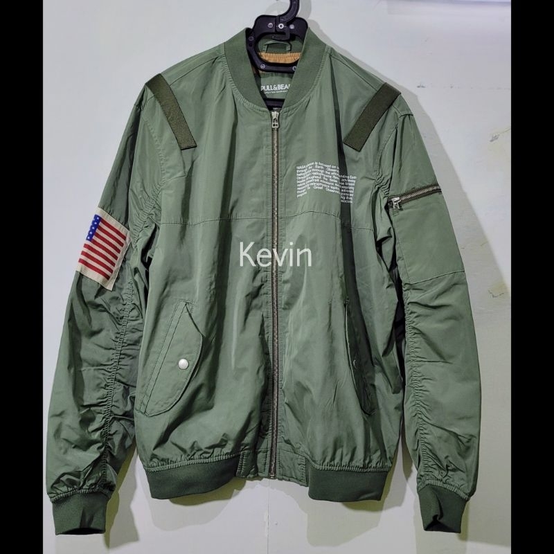 Jacket Bomber Pria PULL&BEAR Ma-1 Nasa Original Pull Bear Jaket Pria Tebal Parasut Nylon Army Green