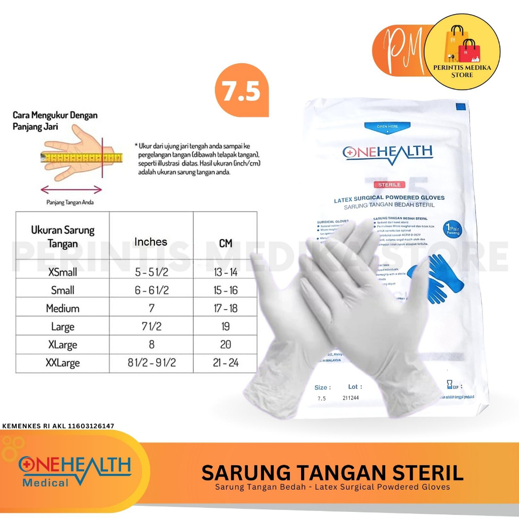 Onehealth Sarung Tangan Steril 7.5 l Handskun l Latex Surgical Powdered Gloves l Handscoon