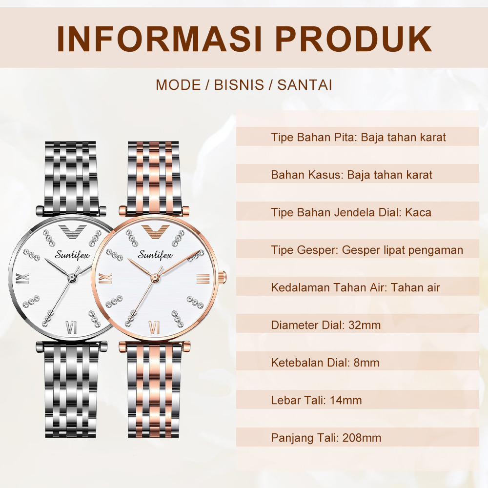 Sunlifex Jam Tangan Wanita Berlian 9018 Original Anggun Santai Wanita Tali Stainless Steel Jam Tangan Cewek-5