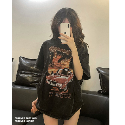 Vintage Kaos Washed hitam Oversize Wanita Lengan Pendek Car Motif Printed T-shirt Import Kaos Couple