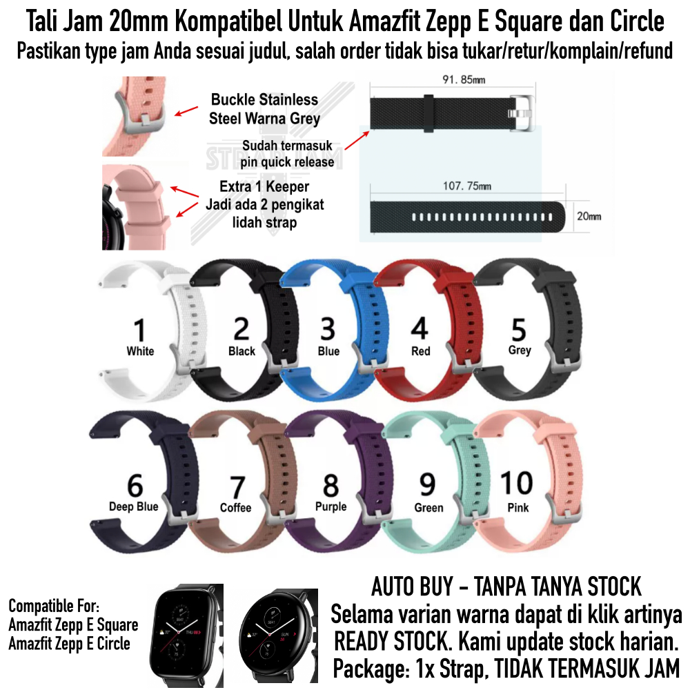 SBF Strap Amazfit Zepp E Square / Circle - Tali Jam 20mm Rubber Silikon Grey Buckle