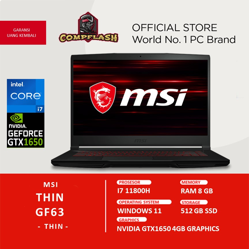 LAPTOP MSI THIN GF63 GTX1650 4GB/ I7 11800H 8GB 512SSD W11 15.6FHD IPS 144HZ BLIT 2YR BLK