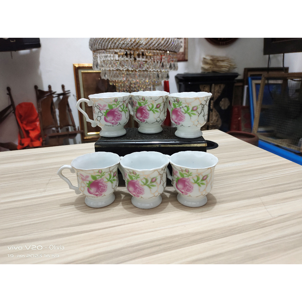 Cangkir Keramik Bunga Rose Pink Kuno Jadul Antik