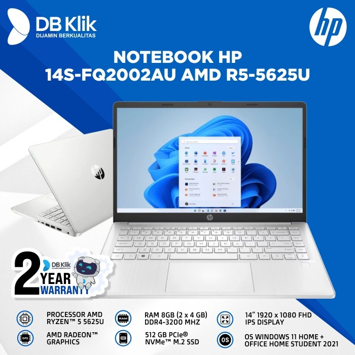 Notebook HP 14S-fq2002AU AMD R5-5625U 8GB SSD 512GB NoDVD W11+OHS 14&quot;