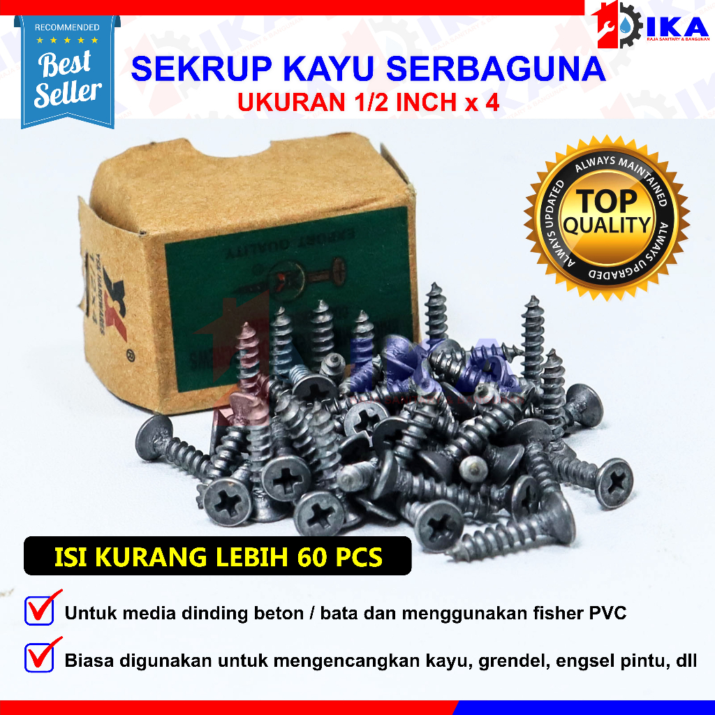 SKRUP KAYU 1/2&quot; - 3/4&quot;-  5/8&quot; - 1&quot; (+) PLUS (HARGA 1 KOTAK - TIDAK DIECER) TERMURAH sekrup kayu kepala plus mata obeng kembang ukuran 1/2, 5/8, 3/4 inch sekrup kayu isp Ysk|wood screw| skrup| sekrup kayu