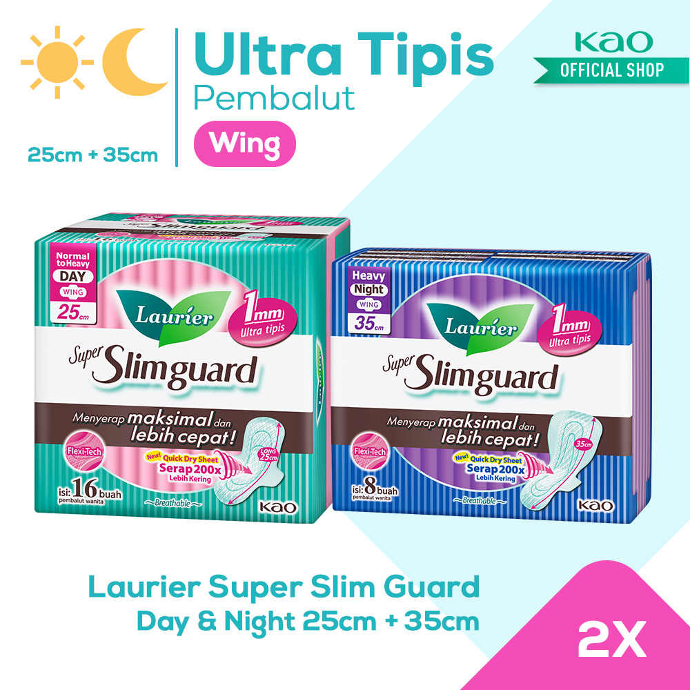 Laurier Super Slimguard Pembalut Wanita Day &amp; Night Package Breathable 25cm + 35cm Wing Menyerap Maksimal dan Lebih Cepat Isi 16 Buah + 8 Buah