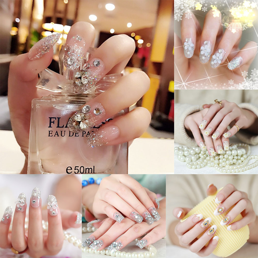 Kuku Palsu Instant + Lem 3D Pesta Pengantin Wedding Fake Nail Art White Silver Gold