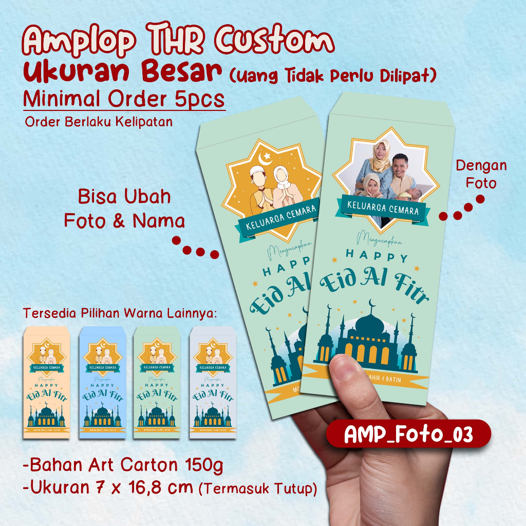 

Amplop Custom Ukuran Besar / Uang Tidak Perlu Dilipat - [Minimal Order 5pcs & Berlaku Kelipatan] - Amplop Custom Untuk THR / Lebaran - Custom Amplop Lebaran/ Amplop THR/ Money Envelop Bisa Custom Foto & Tulisan
