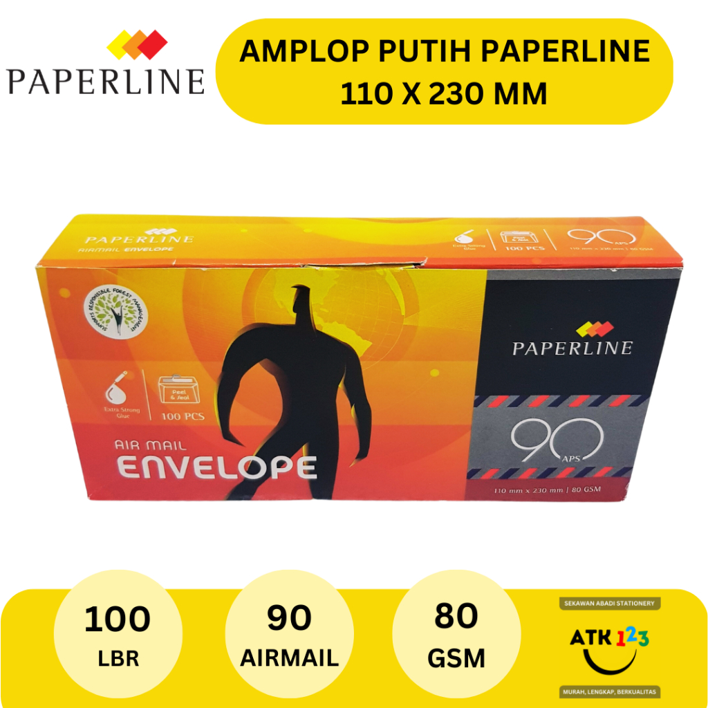 Amplop Paperline Amplop Putih No. 90 110x230mm Airmail 80 gram Paperline Perekat / Amplop Uang / Amplop Surat / Amplop Airmail