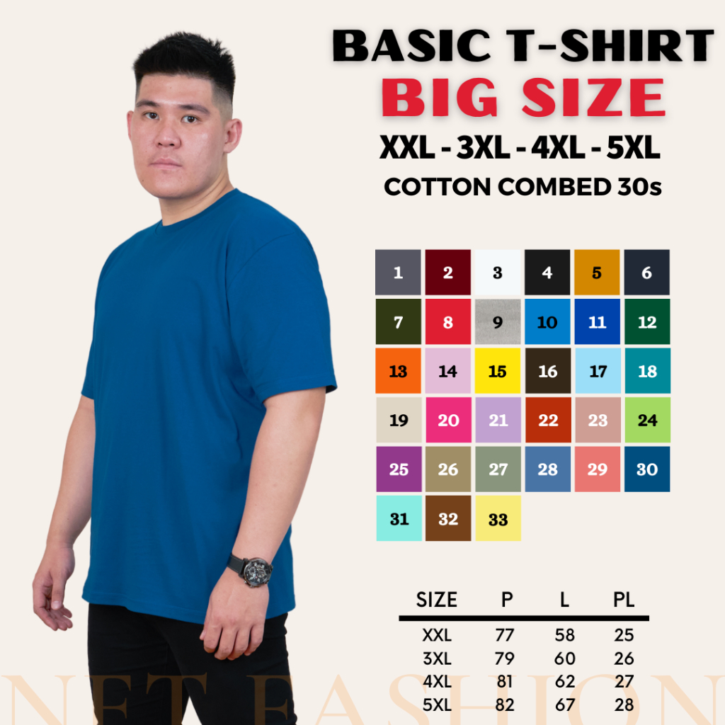 KAOS POLOS BIG SIZE UNISEX LENGAN PENDEK COTTON COMBED 30S UKURAN JUMBO BESAR 2XL 3XL 4XL 5XL