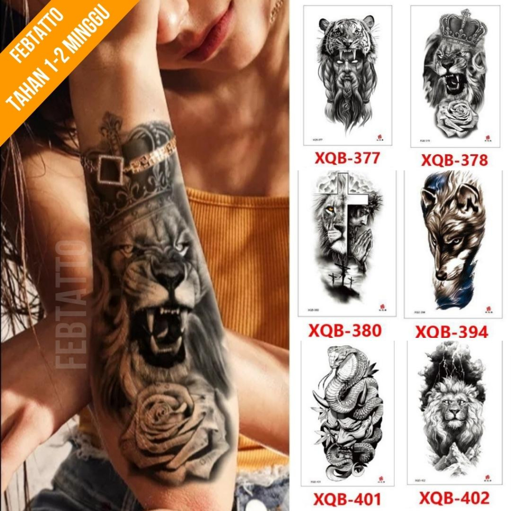 Tato Temporer Ukuran 21cmx11cm Tato Lengan Tato Dada Tato tangan Tato Kaki Tato Punggung Tato Jari  Motif Aesthetic Tatto Temporary Stiker Tato Halal Grosir Tato air motif macan, salib, serigala, ular XQB 378