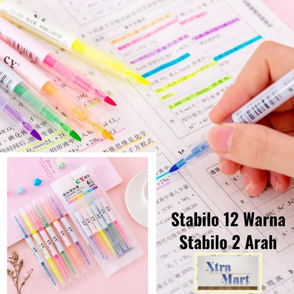 

XM - Stabilo 6PCS 2 Arah Stabilo dengan 6 Warna & 12 Warna HighLighter Warna Warni