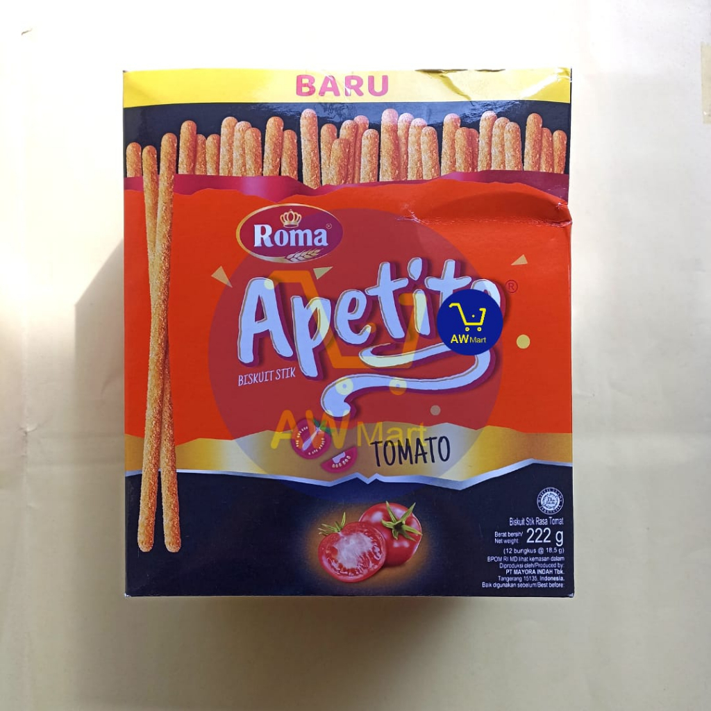 ROMA APETITO BISKUIT STIK BOX 222 GRAM ISI ( 12 BUNGKUS X 18,5 GRAM ) - BISKUIT STIK ROMA APETITO RASA TOMATO DAN BBQ 222 GRAM ISI ( 12 BUNGKUS X 18.5 GRAM)